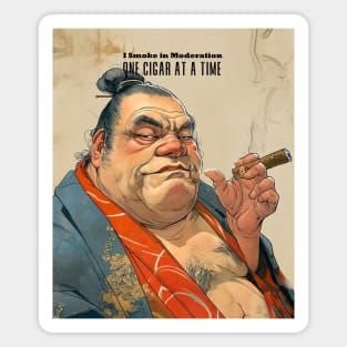 Puff Sumo Smoking a Cigar: "I Smoke Cigars in Moderation; One Cigar at a Time" on a light background Magnet